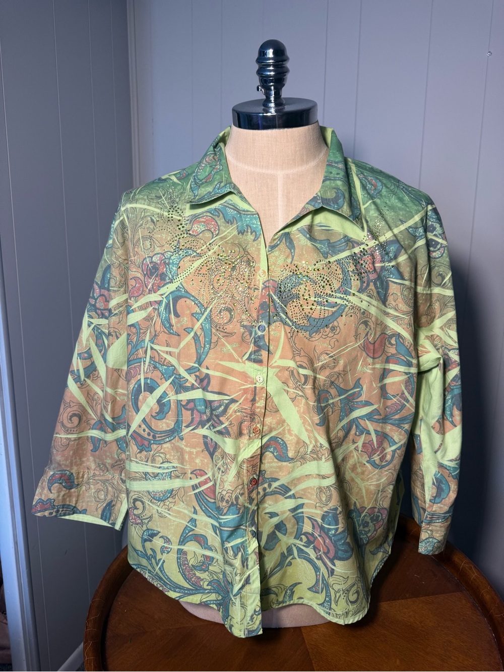 Women's Printed Button-Up Jacket in Green Multi Funky Bedazzled 70s